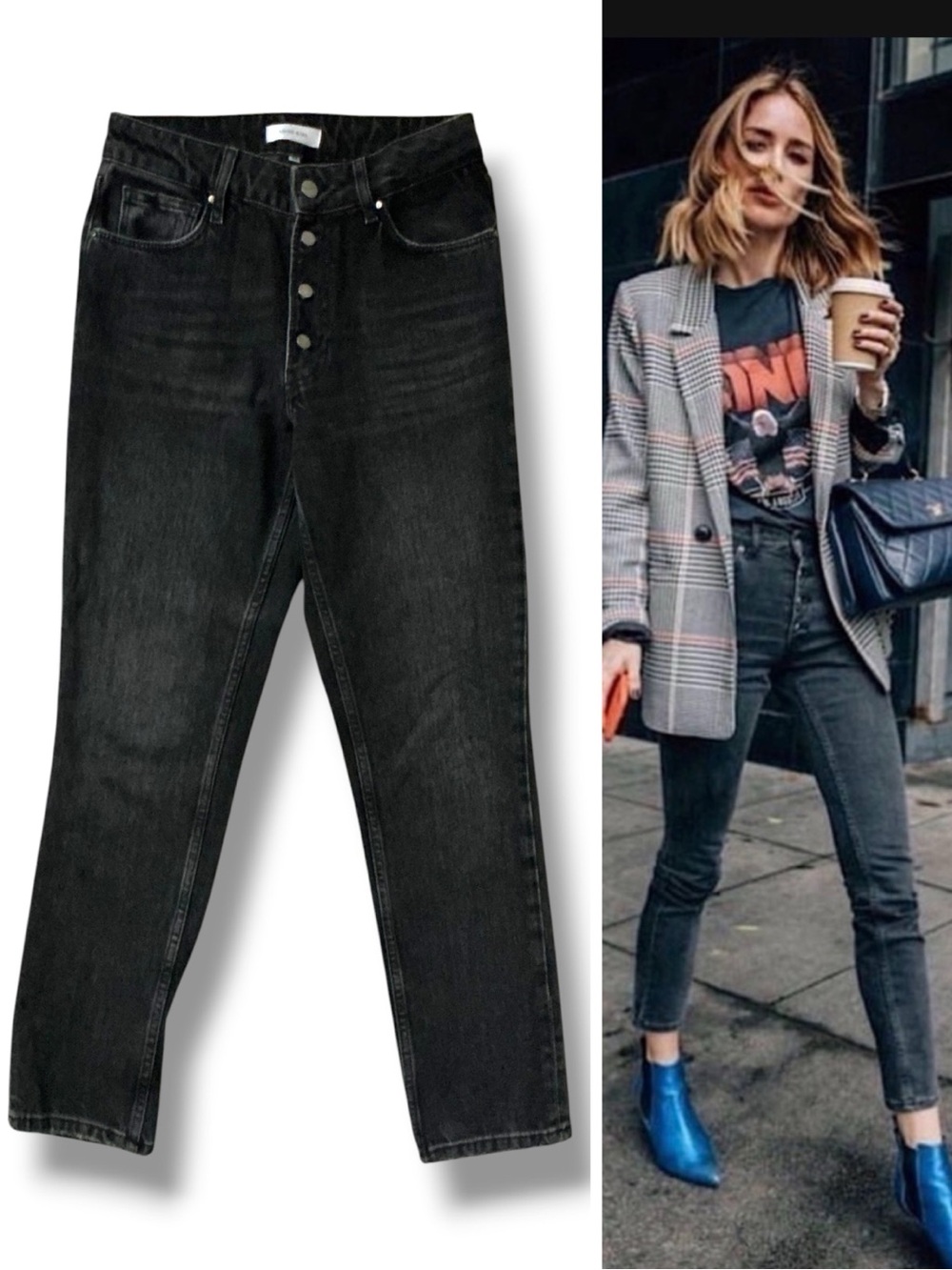 ANINE BING Frida Jeans 90’s Exposed Buttons Straight Leg Black Size 26